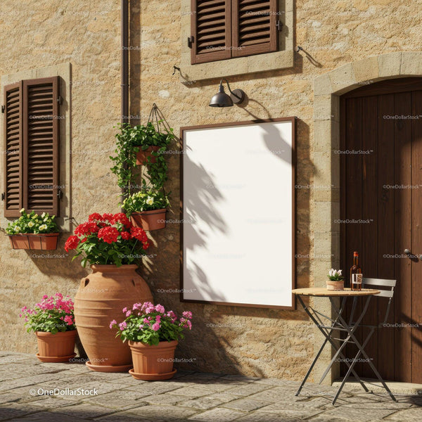 Sunny courtyard with blank sign and vibrant flower pots JPG Mockup Image