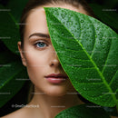 Elegant Woman Among Lush Green Tropical Leaves with Water Droplets
