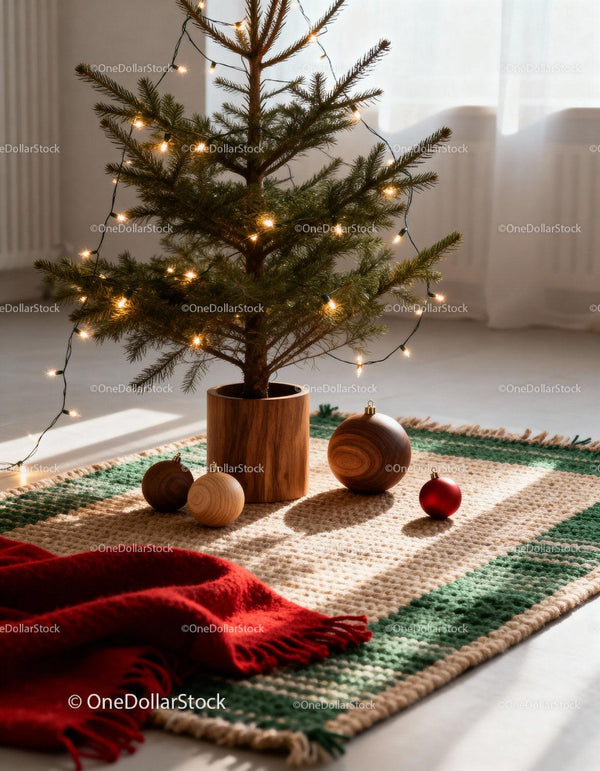 Minimalist Christmas tree with cozy holiday decorations