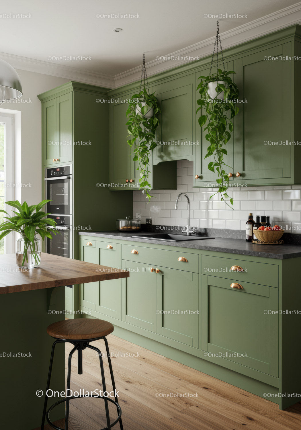 Modern Green Kitchen with White Subway Tile Backsplash and Hanging Plants