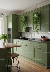 Modern Green Kitchen with White Subway Tile Backsplash and Hanging Plants