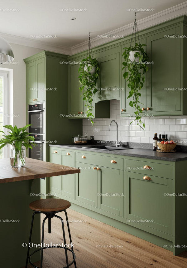 Modern Green Kitchen with White Subway Tile Backsplash and Hanging Plants