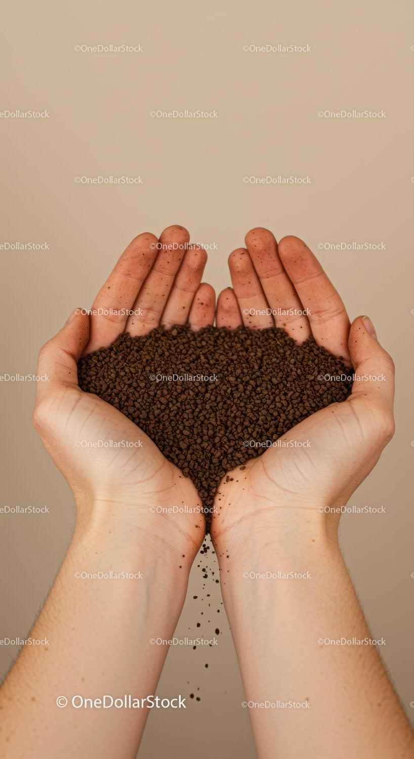 Hands holding granules with soil texture carefully