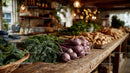 Fresh Organic Vegetables Display at Farmer's Market with Rustic Setting