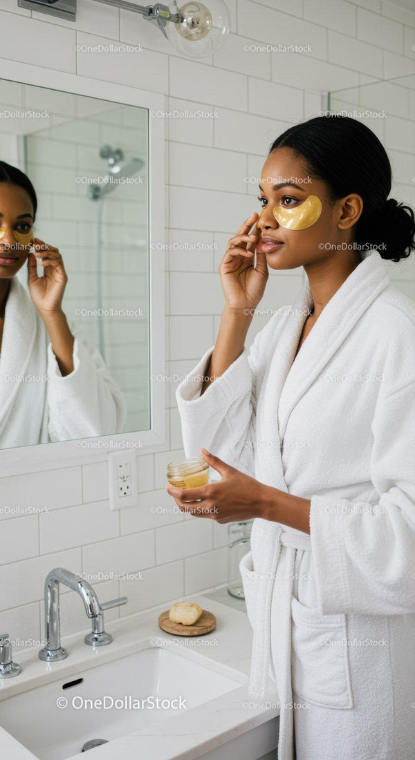 Woman Applying Eye Mask in Bathroom Mirror During Skincare Routine