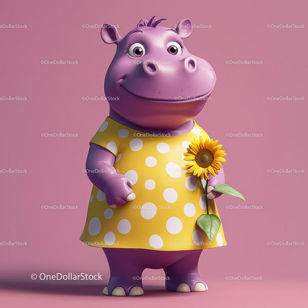 Purple Hippo Wearing Yellow Polka Dot Dress