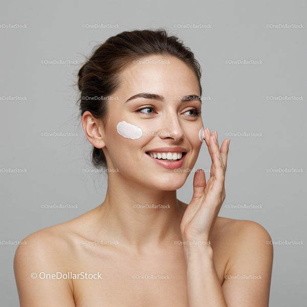 Beautiful Woman Applying Skincare Cream with Fresh Skin and Joy