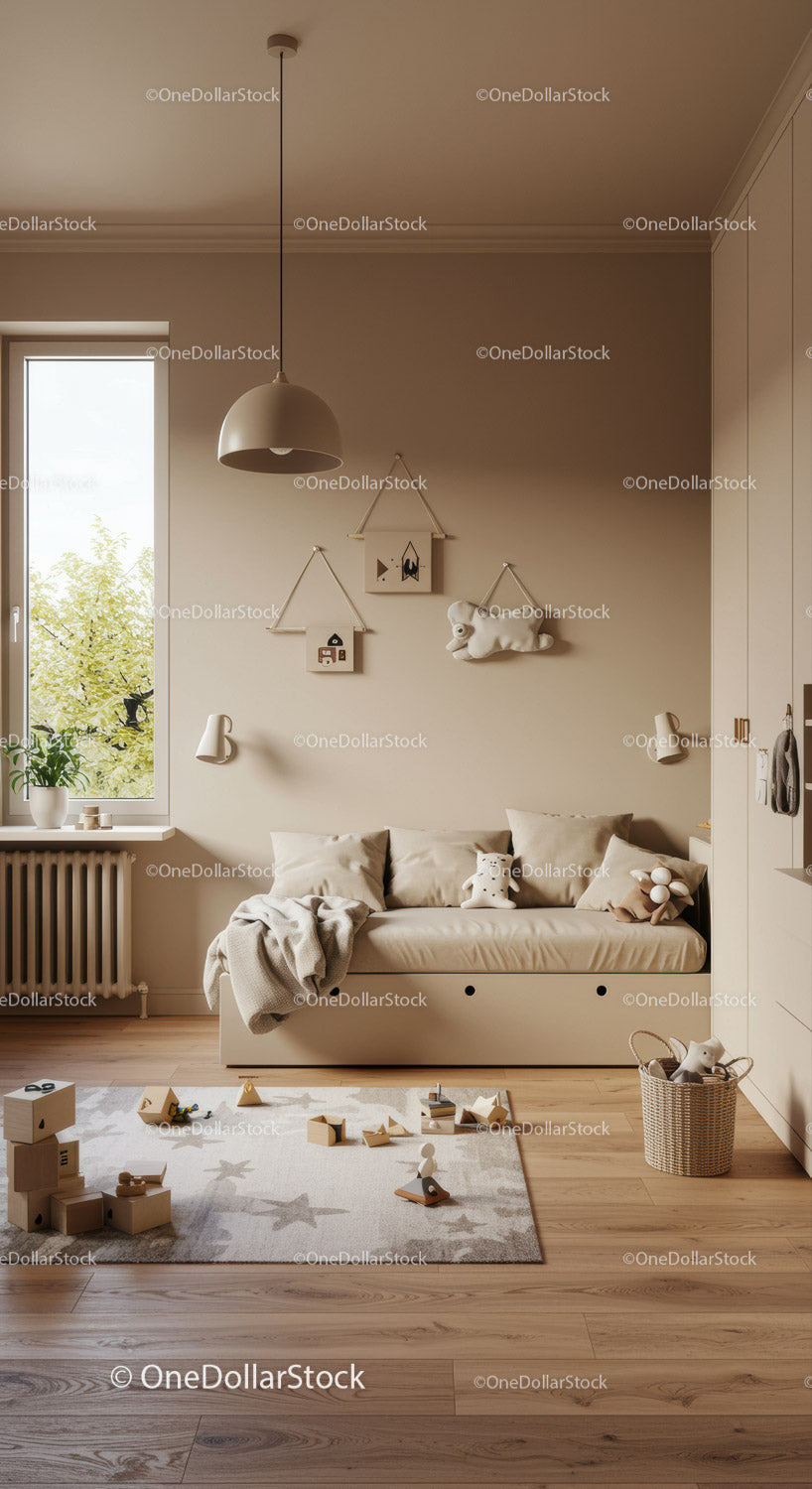 Modern Scandinavian Nursery with Wooden Elements and Neutral Palette