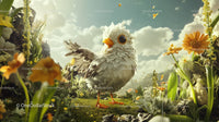 Whimsical Bird with Large Eyes in Floral Fantasy Garden
