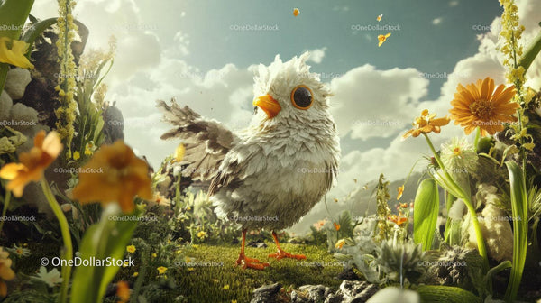 Cute Fluffy Bird Among Vibrant Flowers
