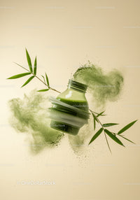 Green matcha powder exploding around glass jar with bamboo