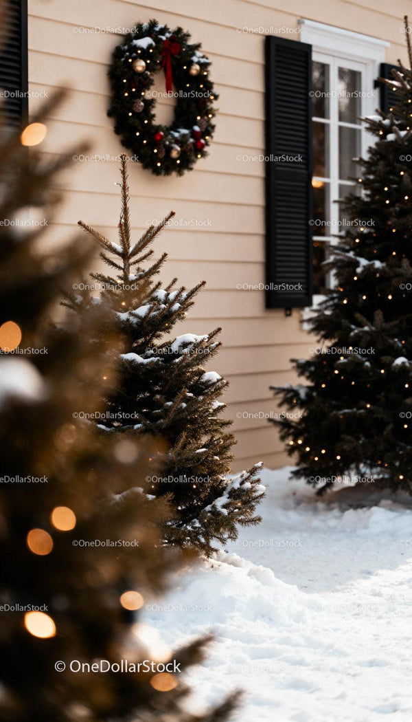 Cozy Winter Decor with Snowy Christmas Trees and Wreath