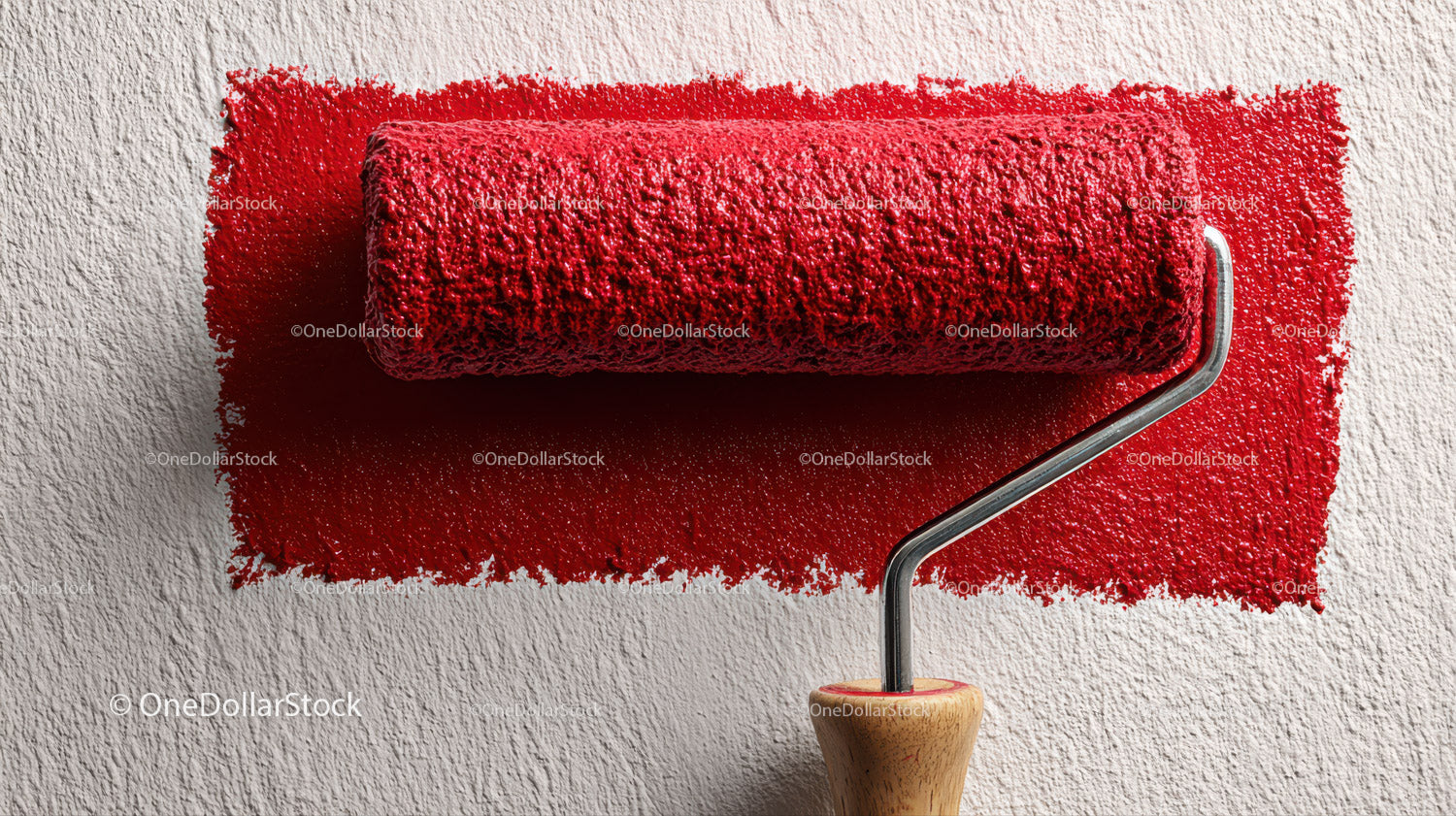 Red Paint Roller Applying Bright Red Wall Paint