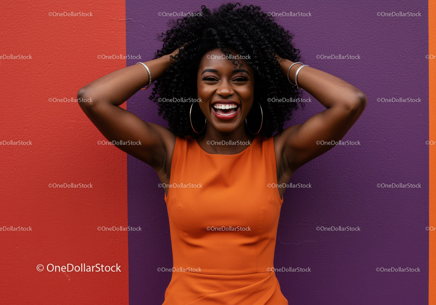 Vibrant Joyful Woman in Orange Dress Against Colorful Wall