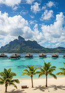 Tropical Beach with Overwater Bungalows and Mountain Backdrop