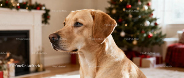 Złoty Labrador Siedzący Spokojnie Obok Świątecznej Choinki