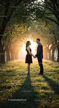 Couple enjoying sunset in peaceful orchard
