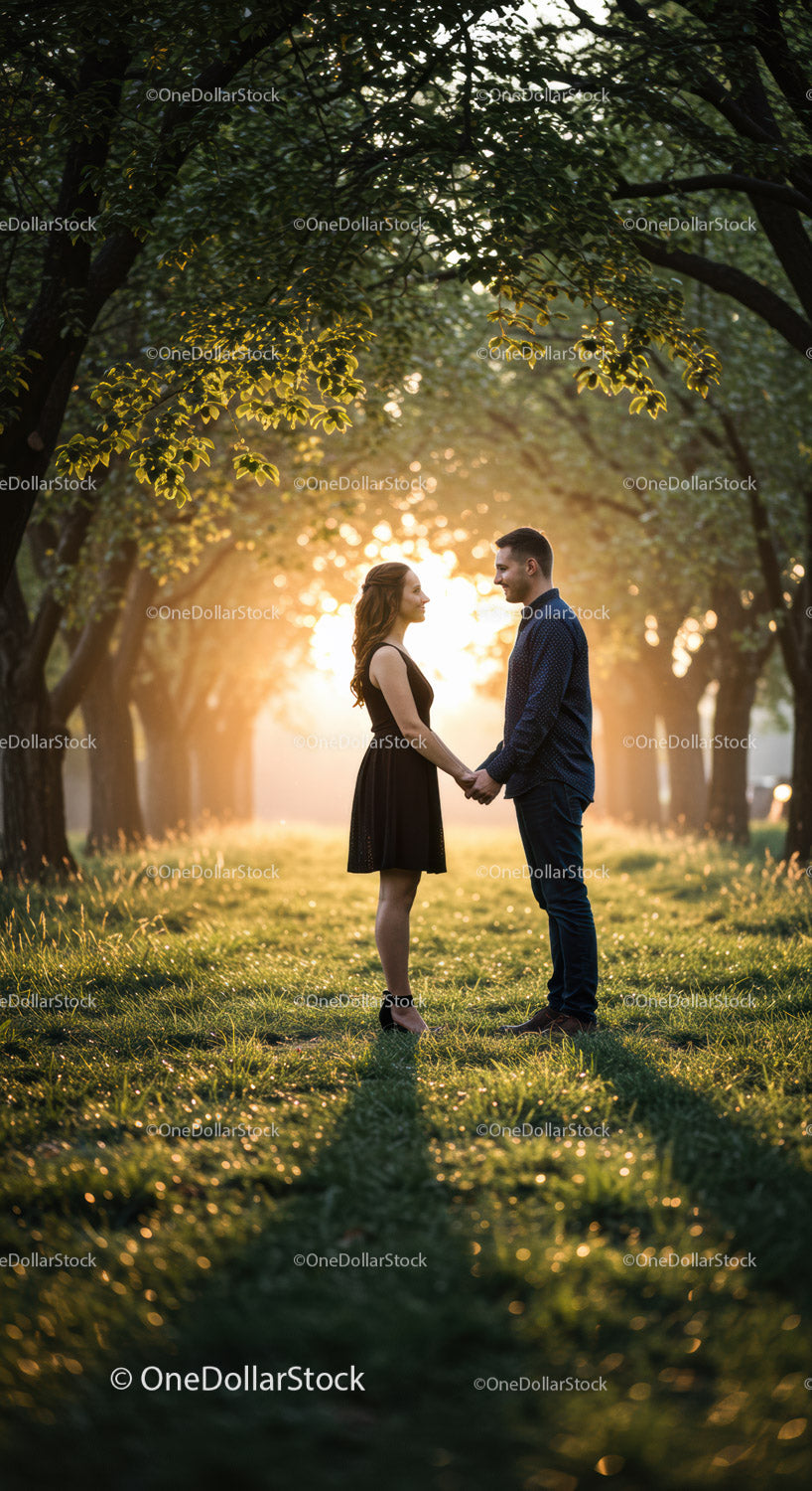Couple enjoying sunset in peaceful orchard