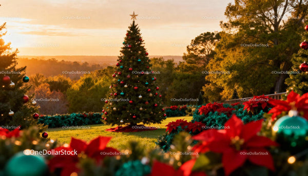 Decorated Christmas Tree in Sunset Garden Setting