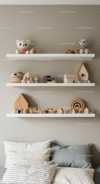 Decorative Plush and Wooden Toys in Cozy Nursery with Shelves