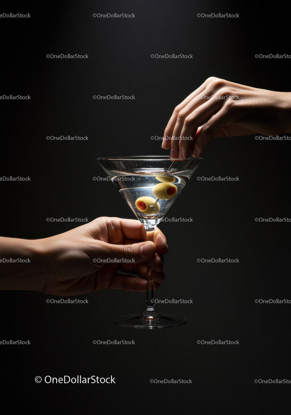 Hand serving martini with olives on dark background