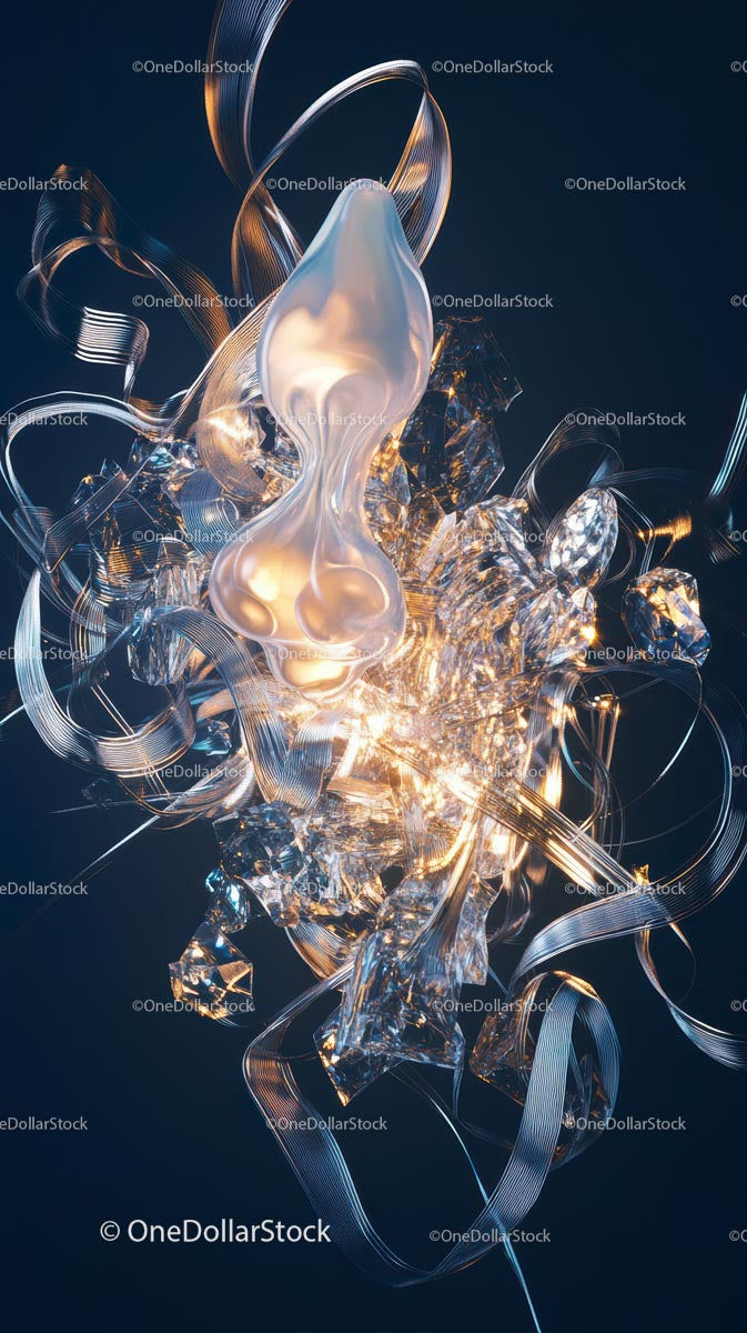 Abstract Glass Sculpture with Metallic Ribbons and Fluid Shape