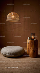 Cozy minimalist corner with pouf and wooden side table