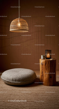 Cozy minimalist corner with pouf and wooden side table