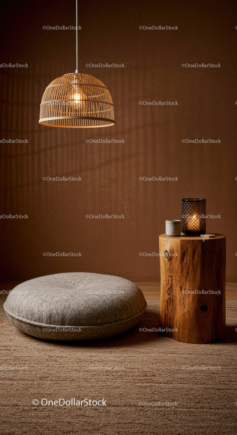 Cozy minimalist corner with pouf and wooden side table