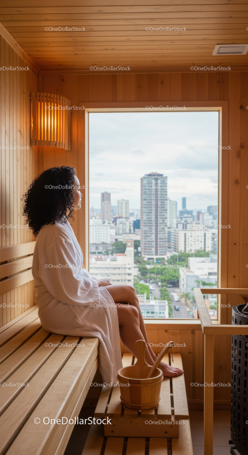 Relaxing Woman Sitting in Sauna with City View and Wooden Decor