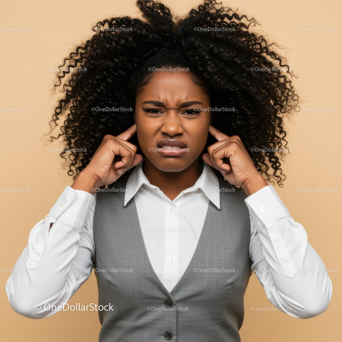 Frustrated Young Woman with Curly Hair Expressing Confusion and Stress