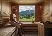 Man Relaxing in Wooden Sauna with Mountain View and Green Fields