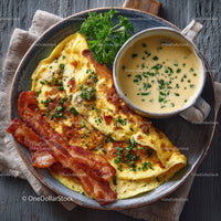 Hearty Breakfast Plate with Scrambled Eggs Bacon and Fresh Herb Soup