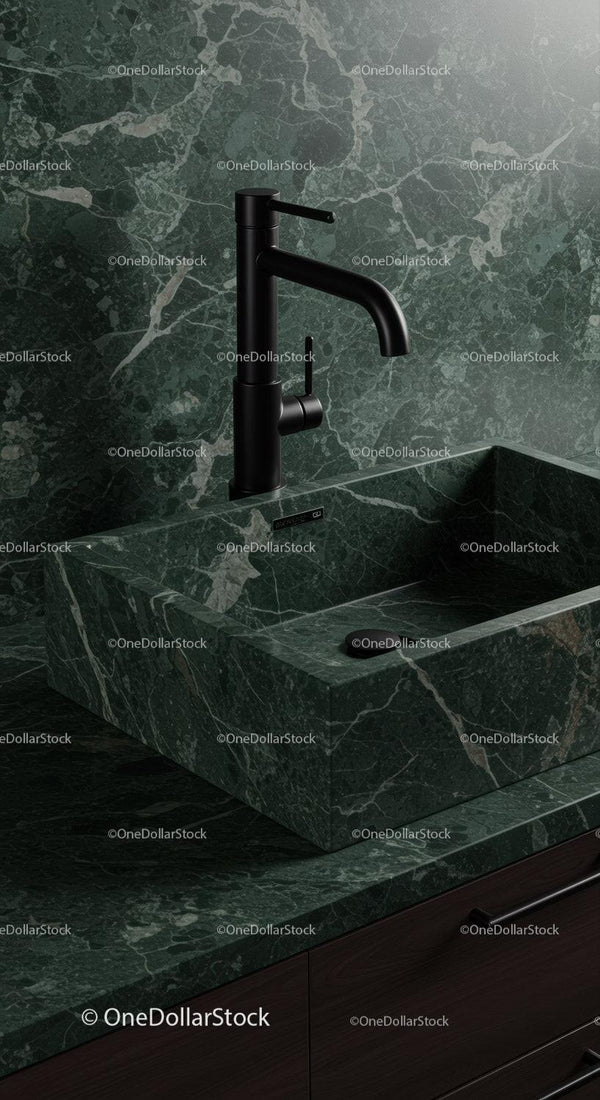 Elegancka Zielona Marmurowa Umywalka z Czarną Nowoczesną Baterią do Luksusowej Kuchni