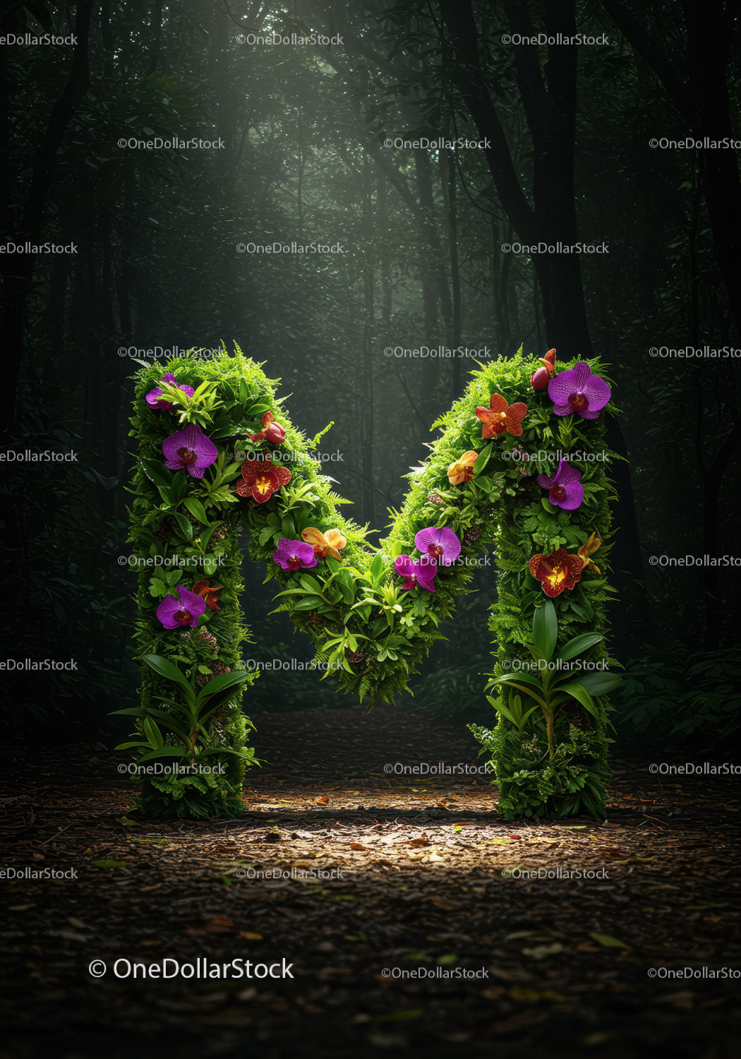 Floral Letter M Made of Greenery and Colorful Orchids