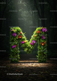 Floral Letter M Made of Greenery and Colorful Orchids