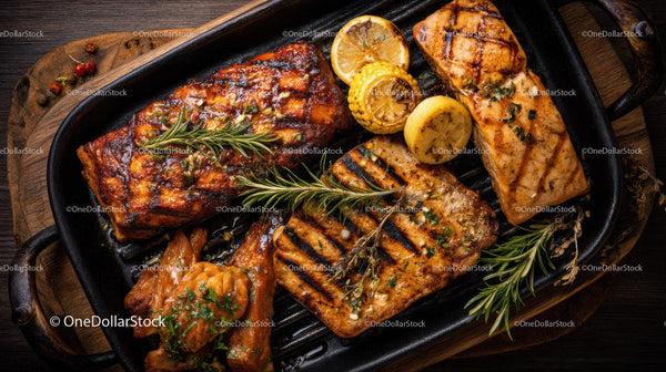 Gourmet Grilled Salmon with Lemon and Rosemary on Cast Iron Grill