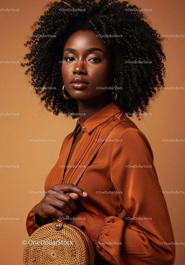 Elegant African Woman with Natural Curls Wearing Bronze Shirt and Wicker Bag