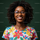 Portrait of Smiling Woman with Afro Hair and Colorful Floral Shirt