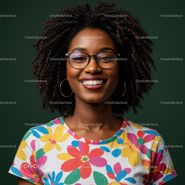 Portrait of Smiling Woman with Afro Hair and Colorful Floral Shirt