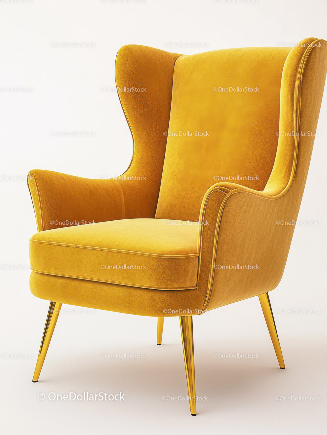 Żywy żółty aksamitny fotel w stylu mid-century modern do stylowych wnętrz