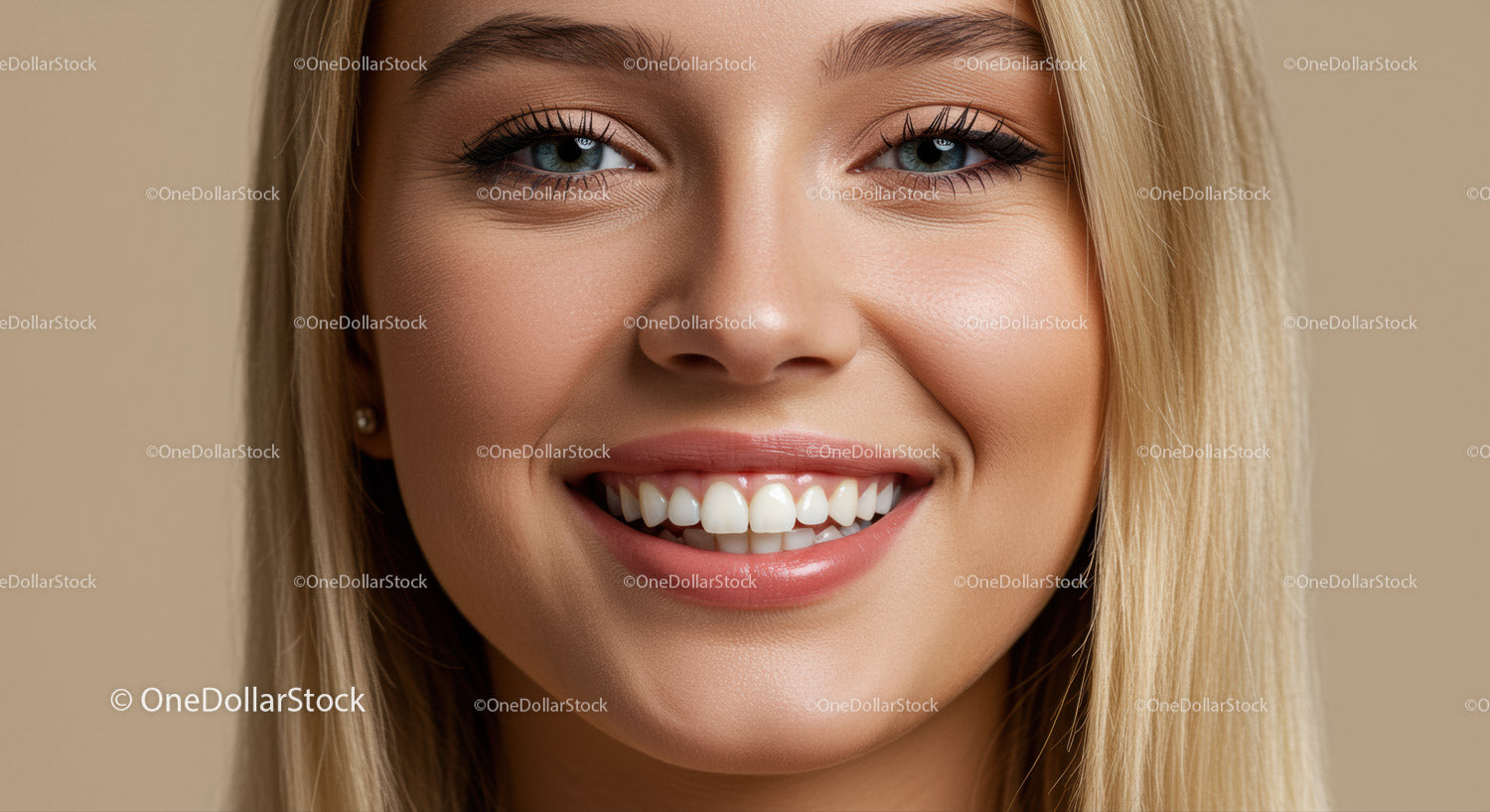 Close Up of Smiling Blonde Woman with Perfect Teeth