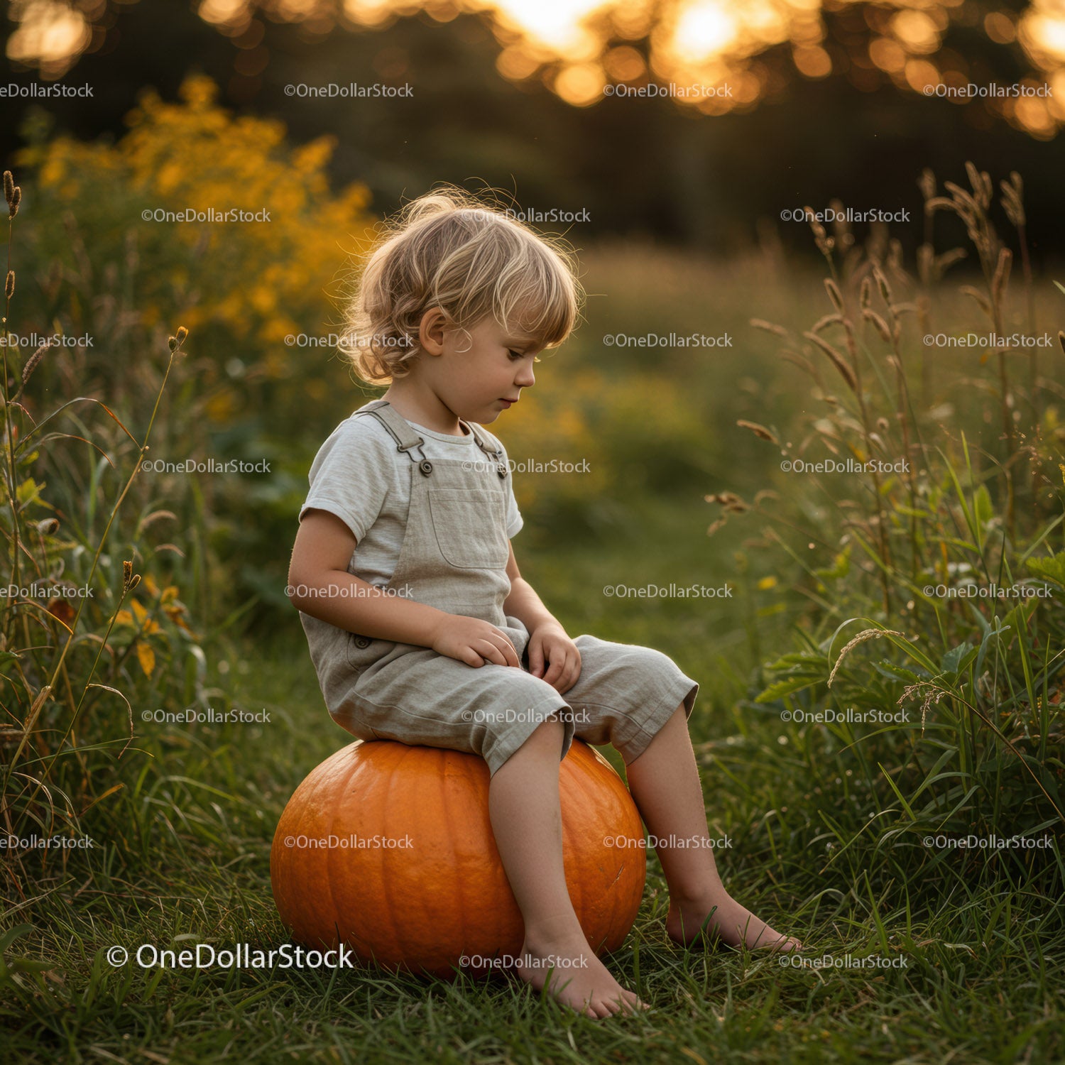 Young child sitting on large pumpkin in golden field