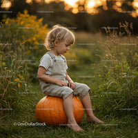 Young child sitting on large pumpkin in golden field