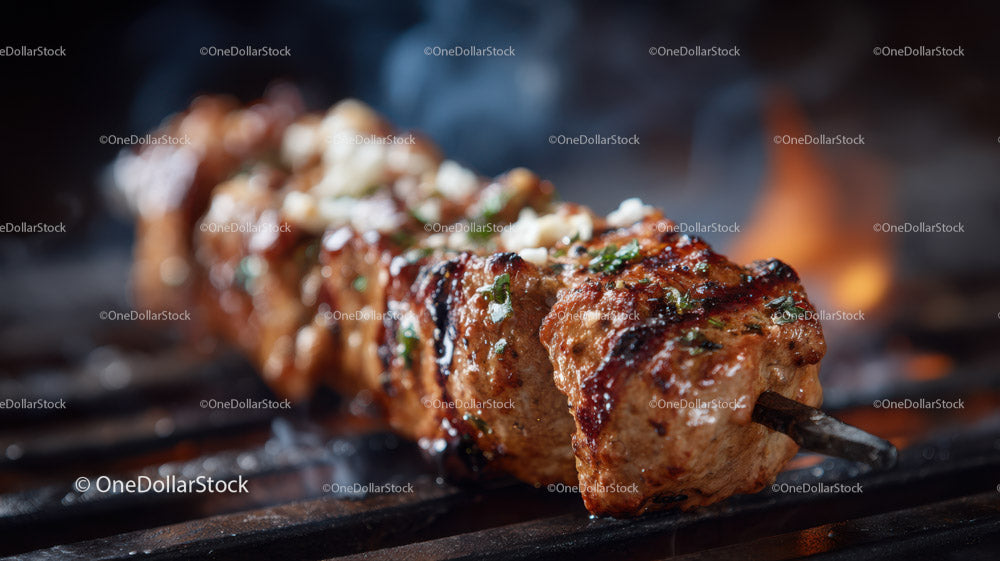 Juicy Grilled Meat Skewers with Charred Edges on Open Flame