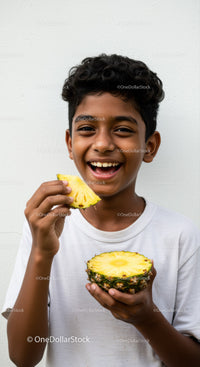 Joyful Child Enjoying Fresh Pineapple with Bright Smile