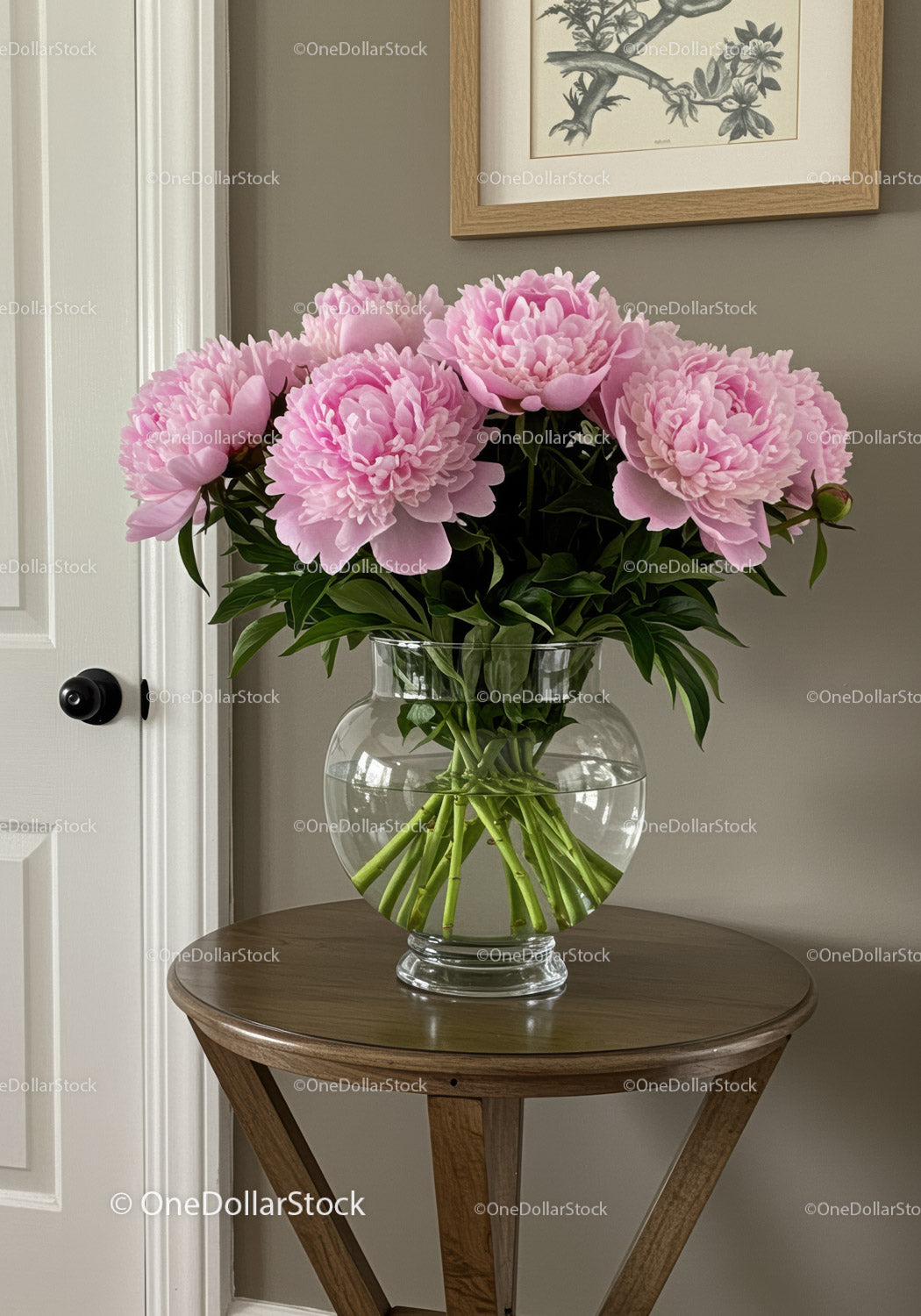 Elegant Pink Peonies in Glass Vase on Wooden Side Table
