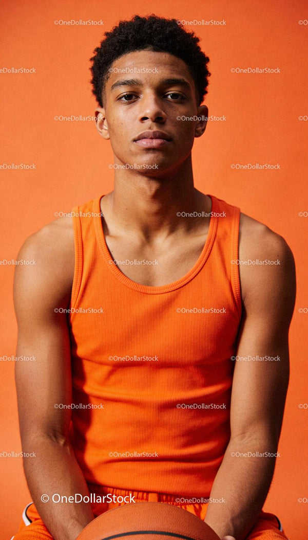 Focused Young Athlete with Basketball Against Orange Wall