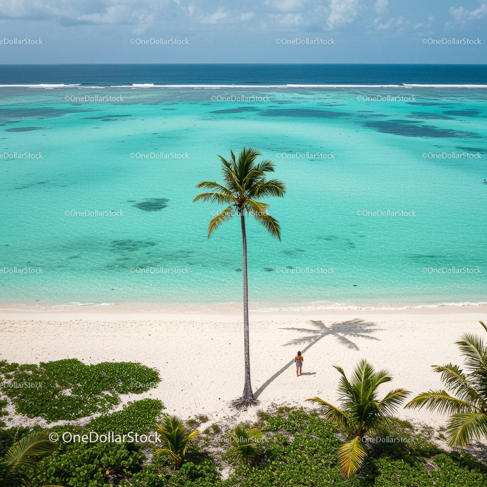 Lonely Traveler on a Tropical Beach Under a Palm Tree