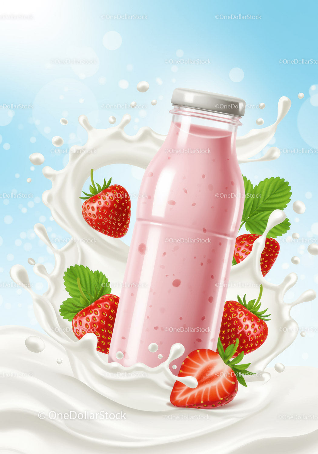Strawberry smoothie bottle splashing in fresh milk
